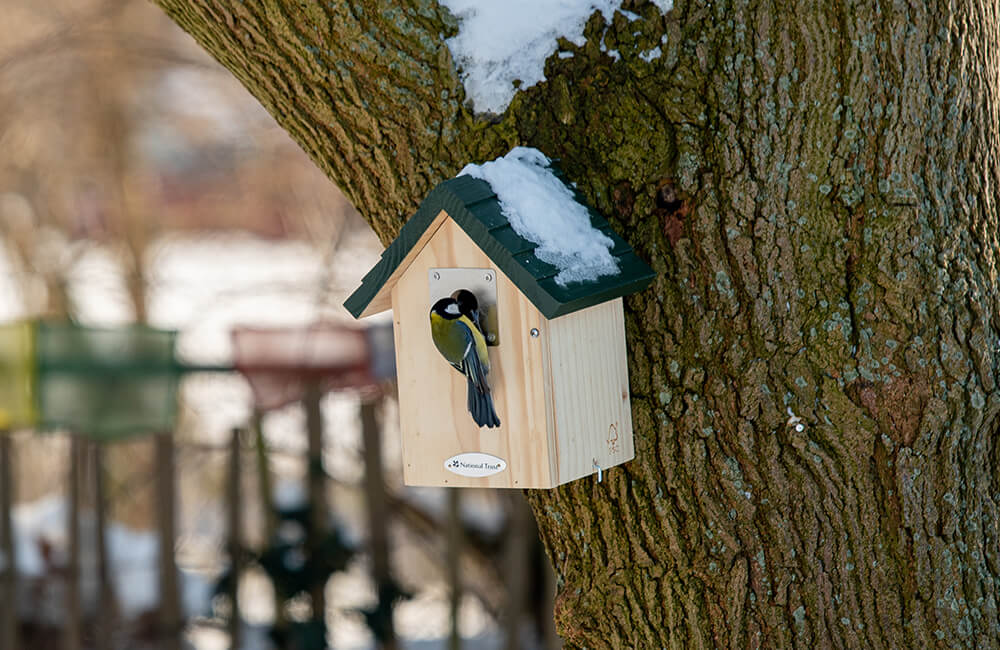 Un nichoir avec de la neige sur le toit