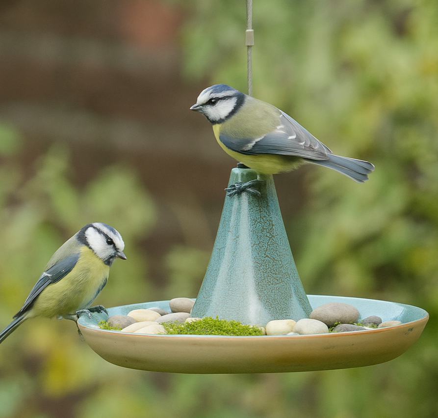 Deux m&eacute;sanges bleues au dessus d'une coupelle d'eau